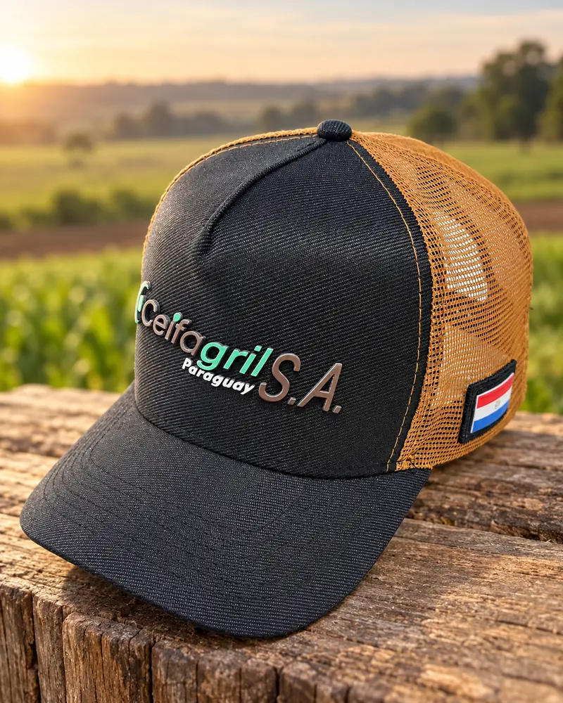 Boné preto e caramelo da Ceifagril com a logo em relevo metalizado, sobre madeira no campo