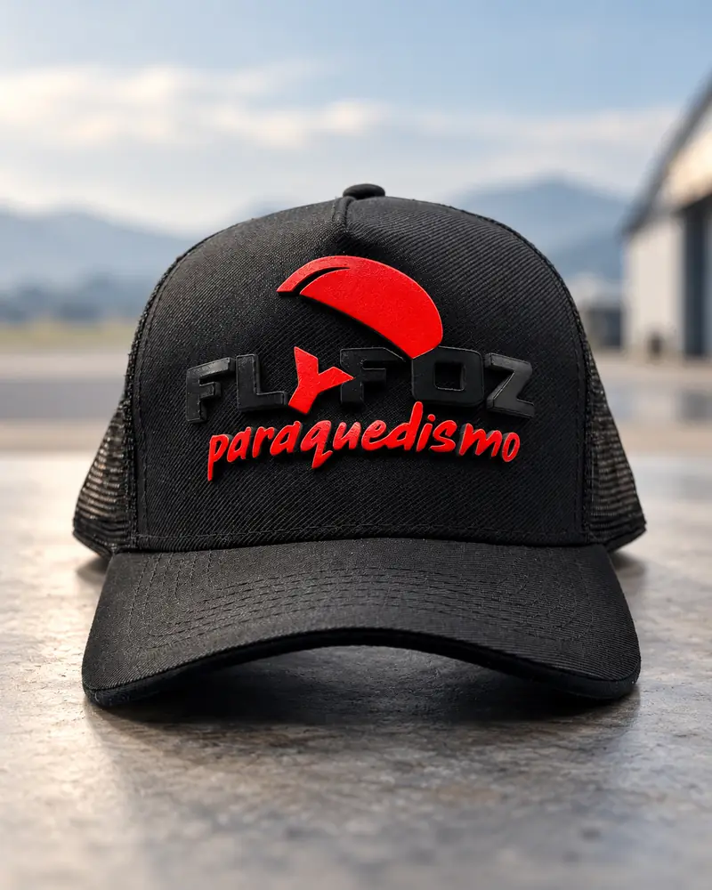 Boné preto da FlyFoz Paraquedismo com a logo emborrachada em 3D, preta e vermelha