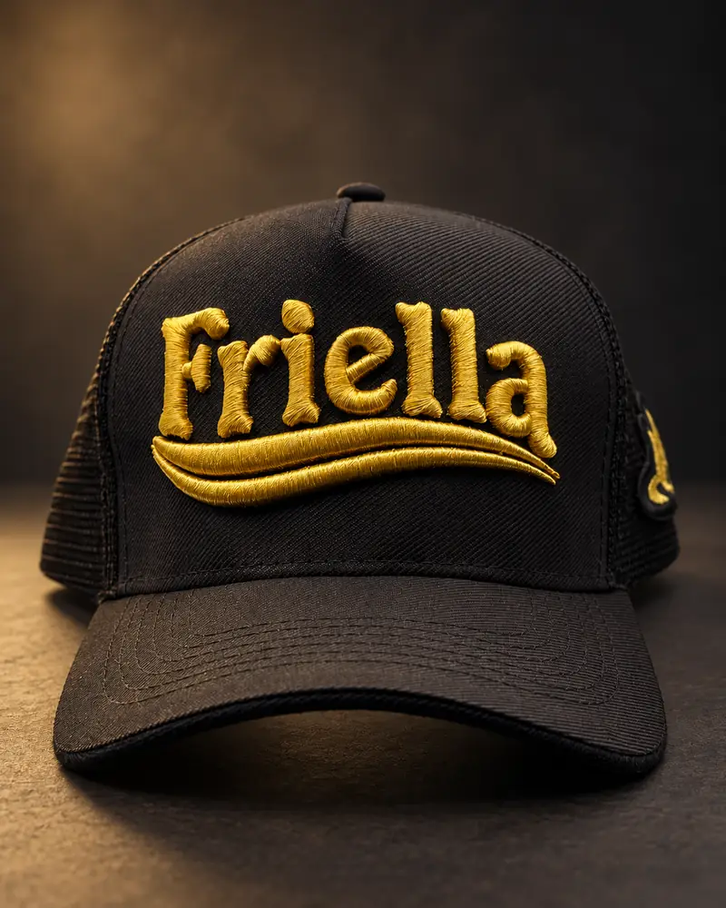 Gorra negra con el logo de Friella en bordado 3D dorado