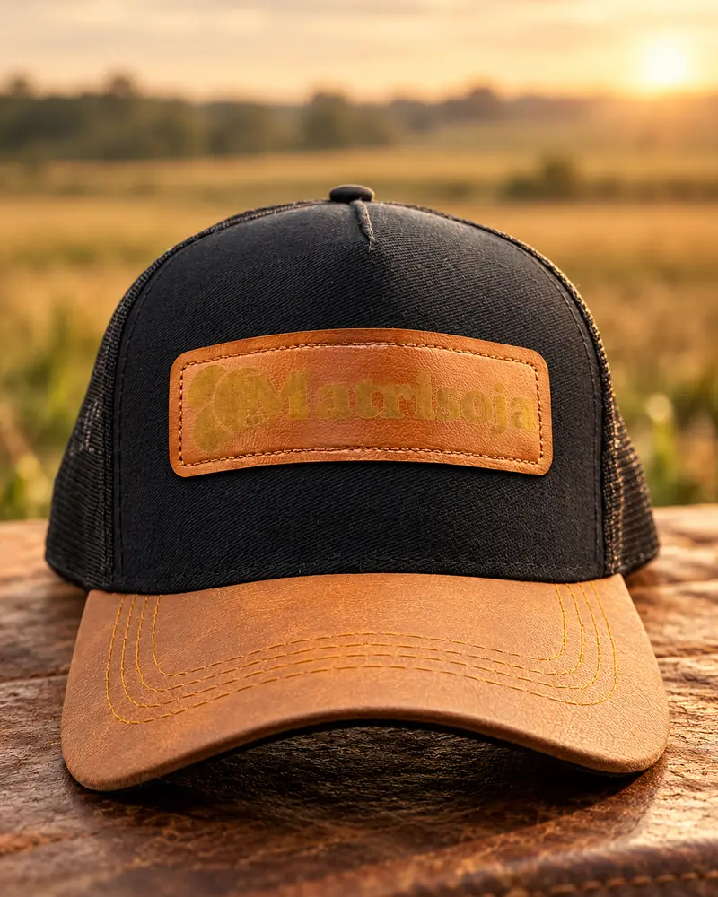 Boné preto da Matrisoja com patch e aba de couro
