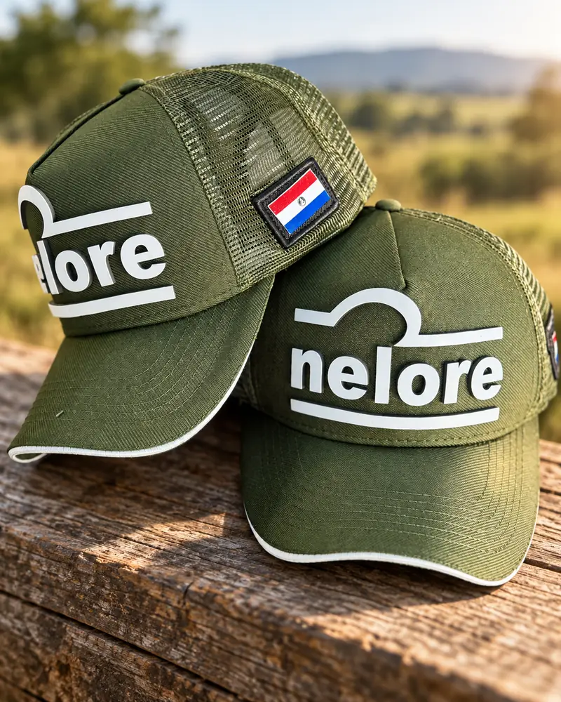 Bonés verdes da Nelore com a logo branca e a bandeira do Paraguai