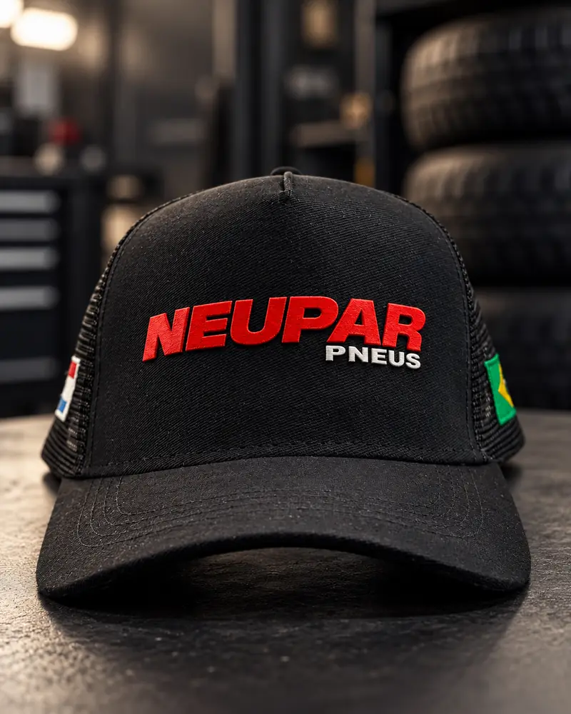 Boné preto da Neupar Pneus com a logo vermelha em bordado 3D