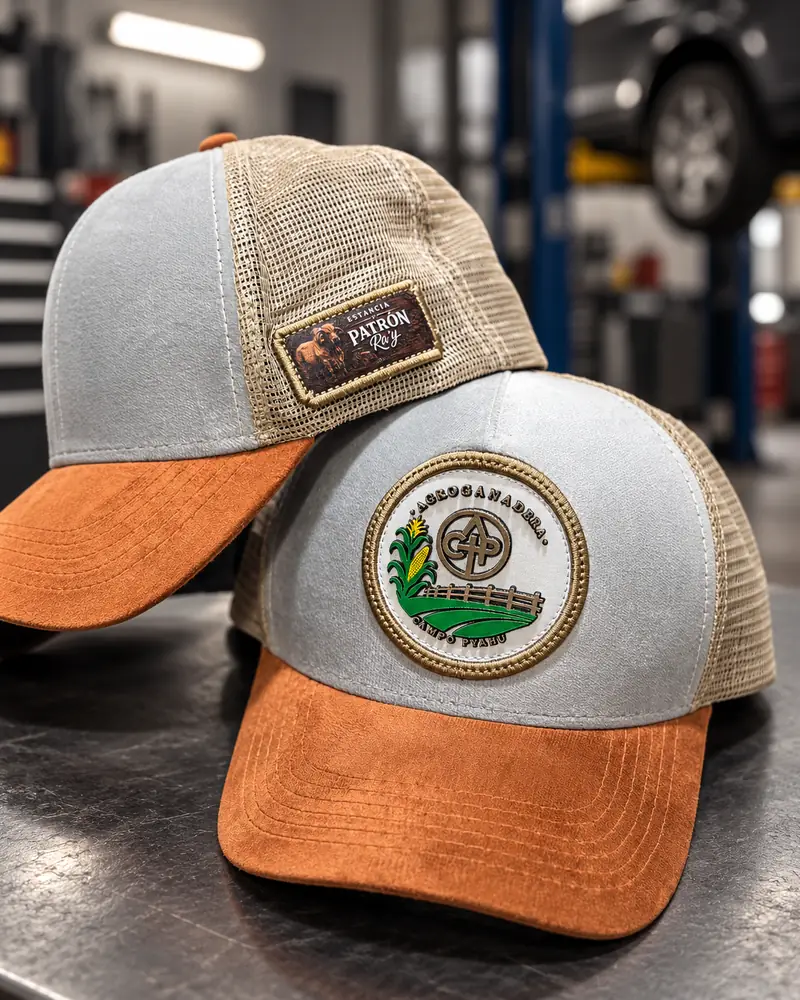 Gorras trucker con el parche de Estancia Patrón y visera de gamuza caramelo