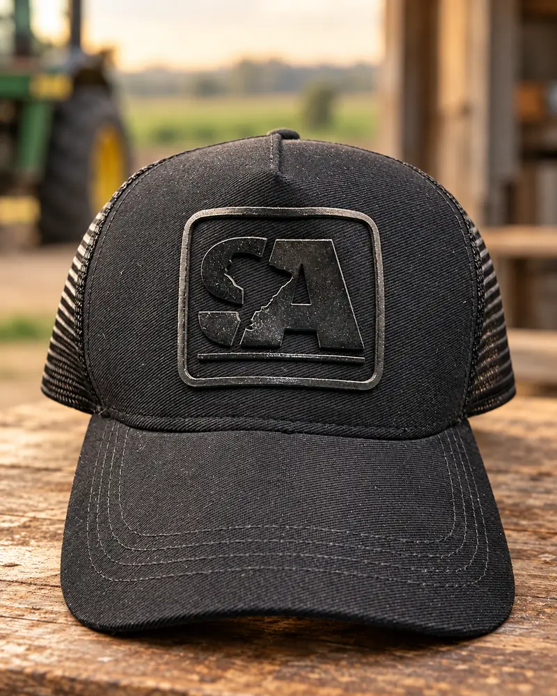 Boné preto com a logo SA tom sobre tom, numa fazenda